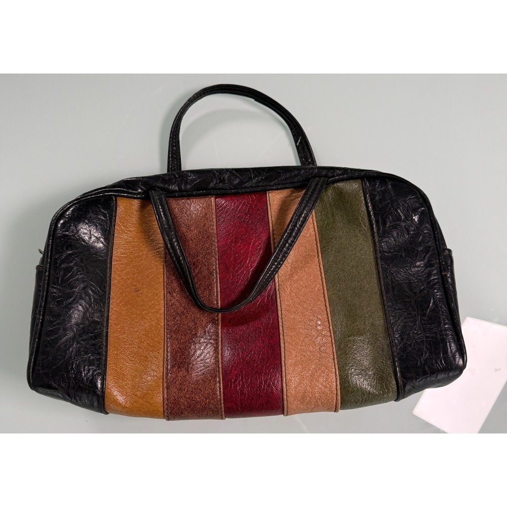 VTG 60's Mod Vinyl Satchel Handbag‎ Multicolor Stripe Design GrannieCore